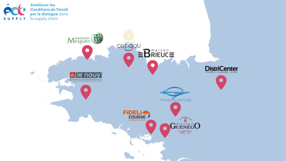 Carte de la bretagne représentant l'emplacement des 8 entreprises pionnières du projet ACT'supply